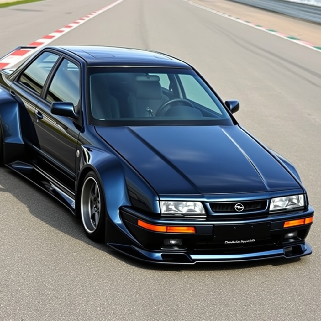 A modified 1995 Opel Omega designed with a widebody kit reminiscent of the Lotus Carlton, while preserving the original dimensions and lights of the car