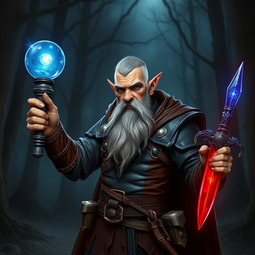 A lean, handsome, middle-aged gnome warlock with pointed ears, buzz cut on top silver hair, and a distinguished grey beard