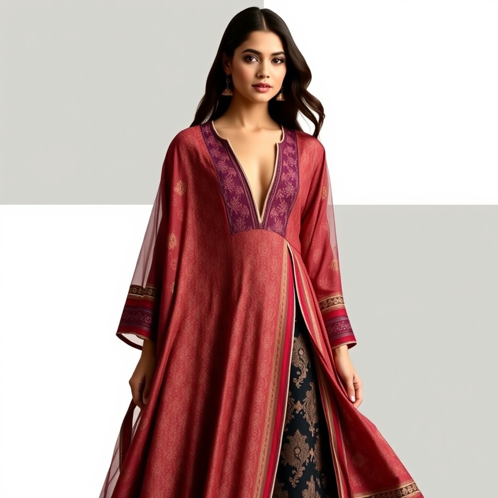 A striking outfit featuring a traditional shalwar kameez design, presented as a fashionable double split dress