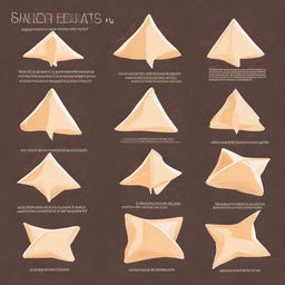 An illustrated guide to creating a simple samosa recipe with detailed instructions. Show ingredients, steps of mixing, folding the dough into triangles, filling with a savory mixture, and frying until golden brown.