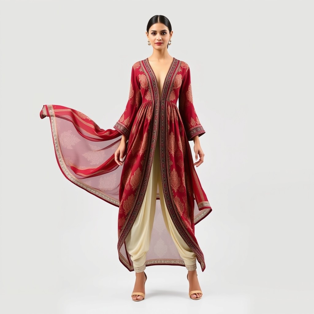 An exquisite design of a shalwar kameez presented as a beautiful double split dress, featuring a plunging neckline that adds elegance and charm