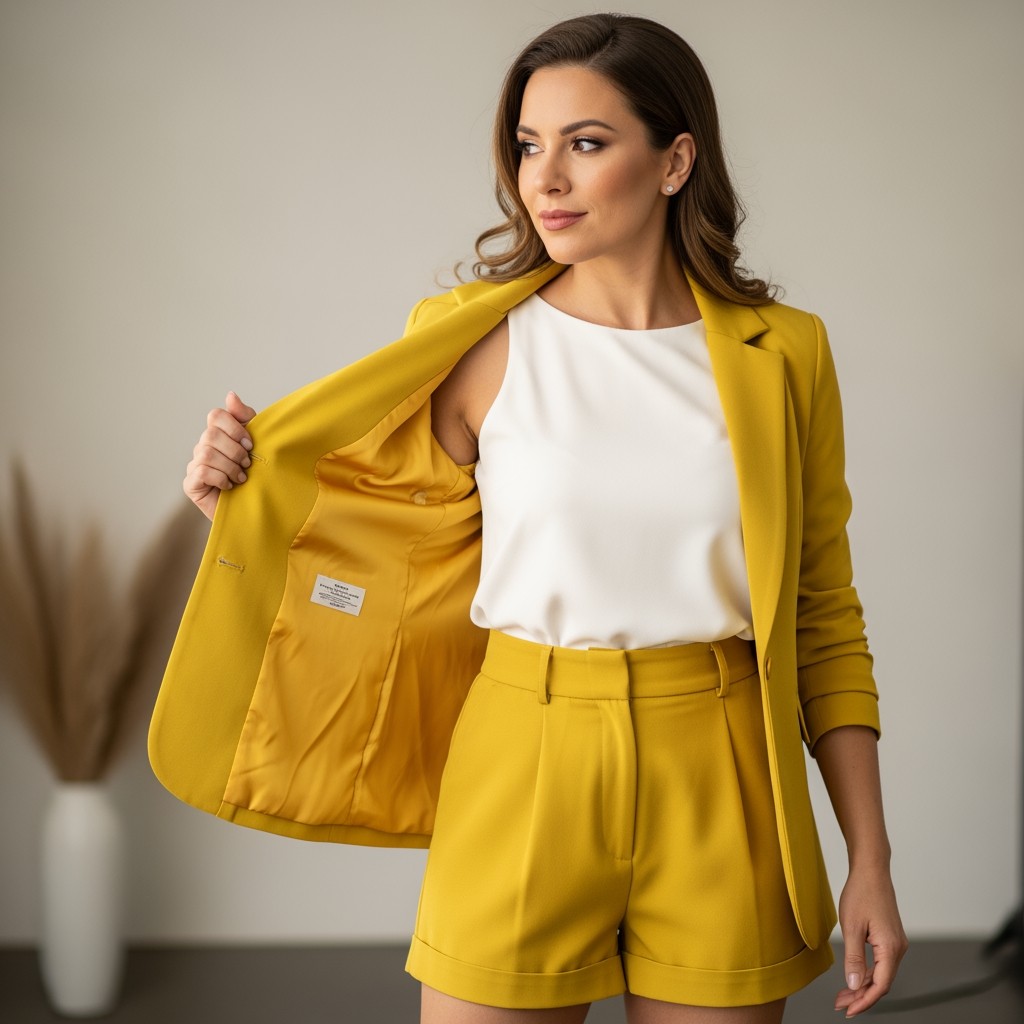 A woman wearing a bright yellow gold blazer jacket, a white top, and shorts
