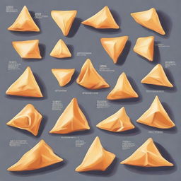 An illustrated guide to creating a simple samosa recipe with detailed instructions. Show ingredients, steps of mixing, folding the dough into triangles, filling with a savory mixture, and frying until golden brown.