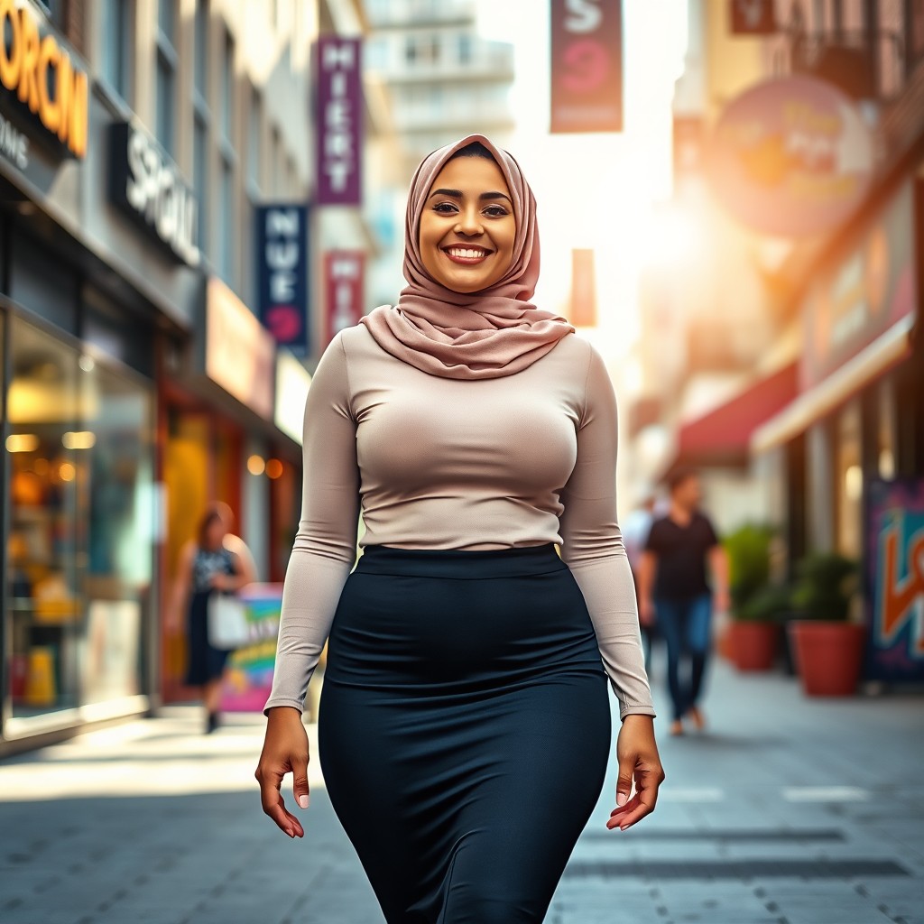 A curvy hijab girl confidently walking down a vibrant city street, wearing a stylish tight skirt and a fitted top that accentuates her curves