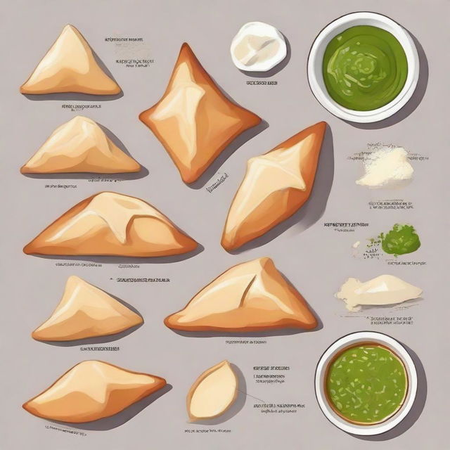 An illustrated guide to creating a simple samosa recipe with detailed instructions. Show ingredients, steps of mixing, folding the dough into triangles, filling with a savory mixture, and frying until golden brown.