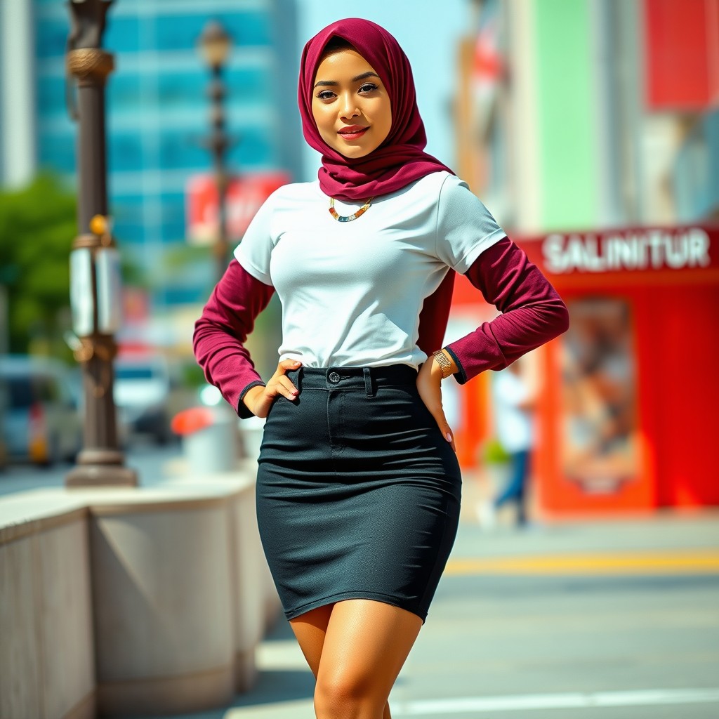 A stylish young woman wearing a fashionable hijab, showcasing her curves while confidently sporting a tight micro skirt and a fitted micro shirt