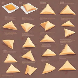 An illustrated guide to creating a simple samosa recipe with detailed instructions. Show ingredients, steps of mixing, folding the dough into triangles, filling with a savory mixture, and frying until golden brown.