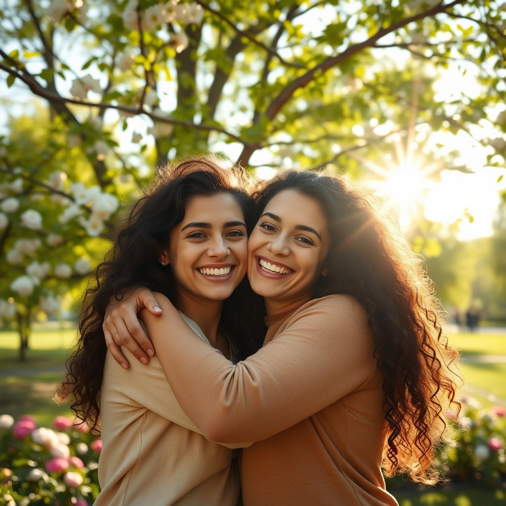 A warm and heartfelt hug between two friends in a beautiful sunlit park