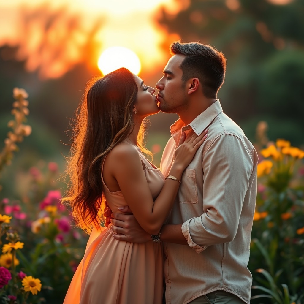 A romantic scene depicting a couple sharing a passionate kiss, surrounded by a vibrant sunset backdrop that casts warm, golden light