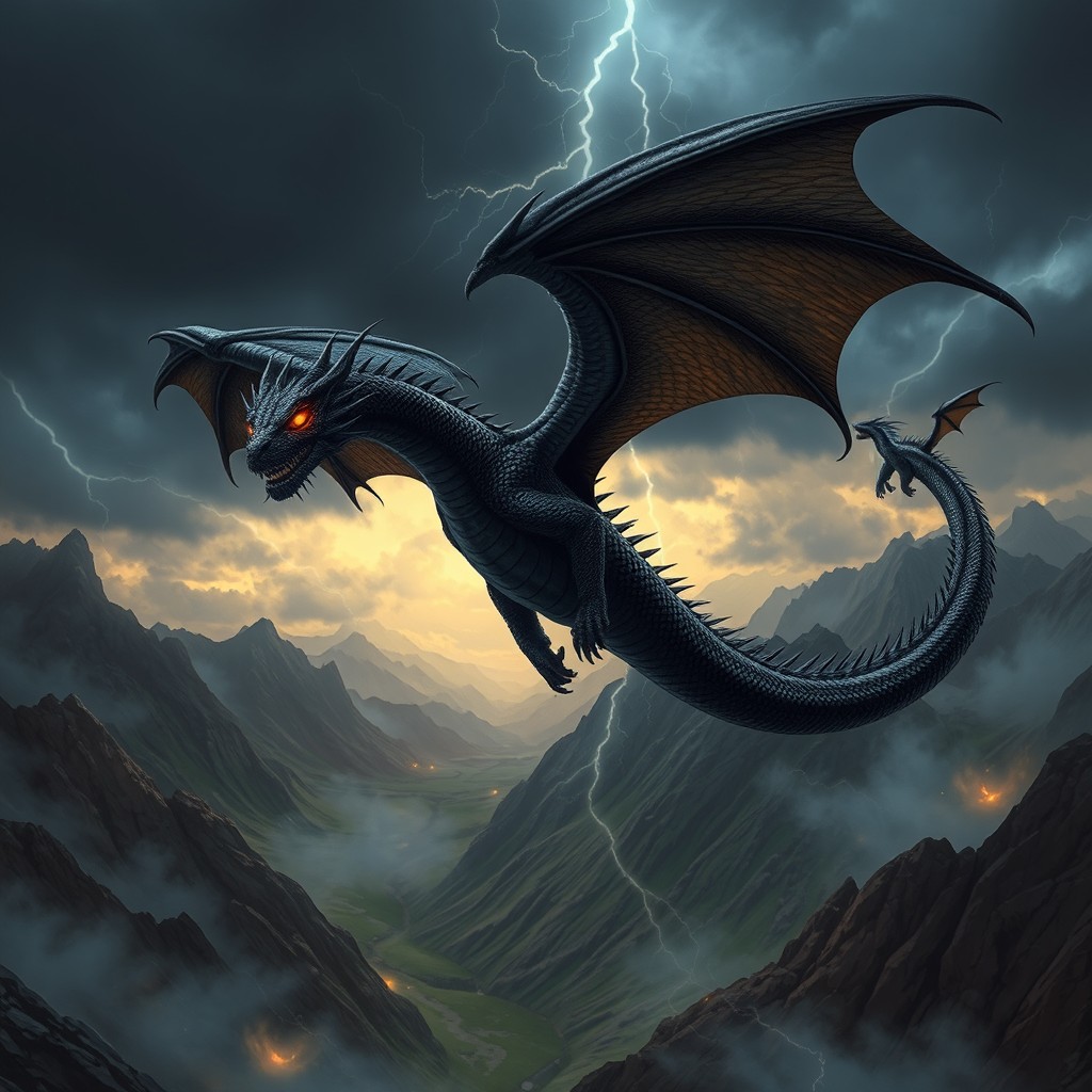 A majestic black dragon soaring through a stormy sky, its scales glistening in flashes of lightning