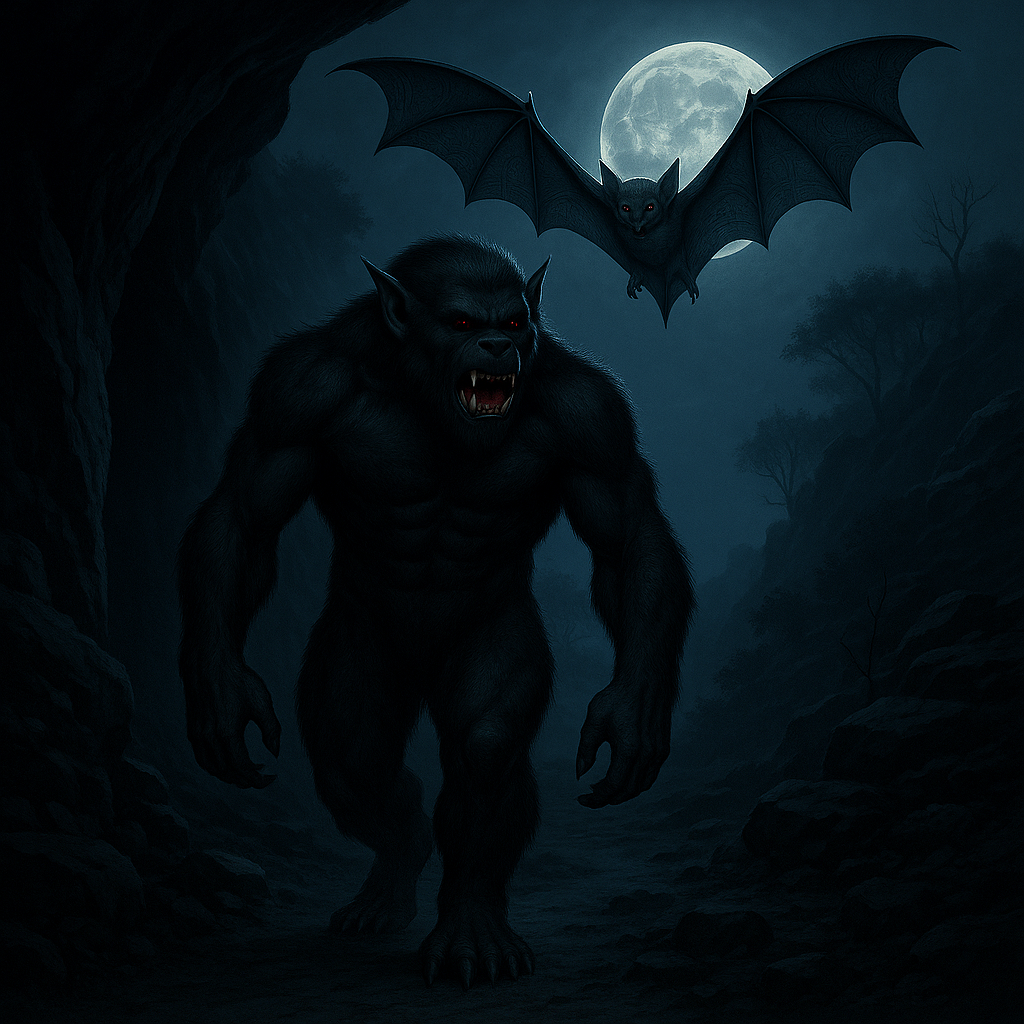 Make scene show monster walking away from cave with bat