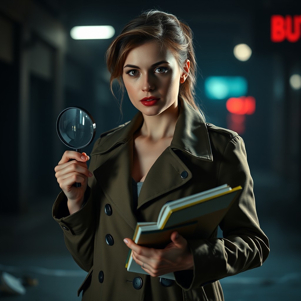A photorealistic image of a 30-year-old Russian woman with a smart and focused expression, dressed in a stylish trench coat