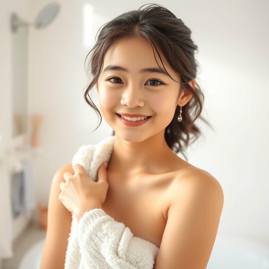 A portrait of a young half-Asian teenager, showcasing her unique beauty with soft features and a friendly smile