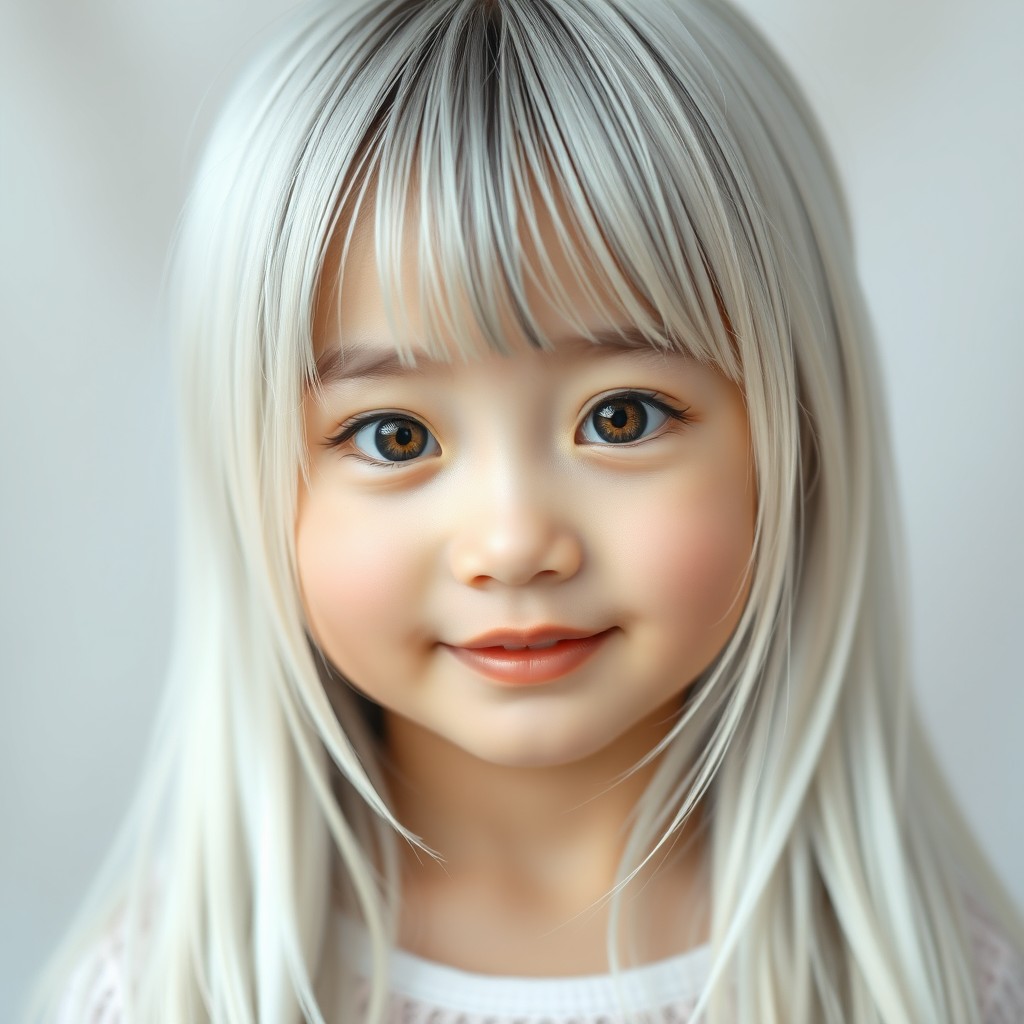 A dreamy portrait of a four-year-old Korean girl with unique white waist-length hair interspersed with black strands