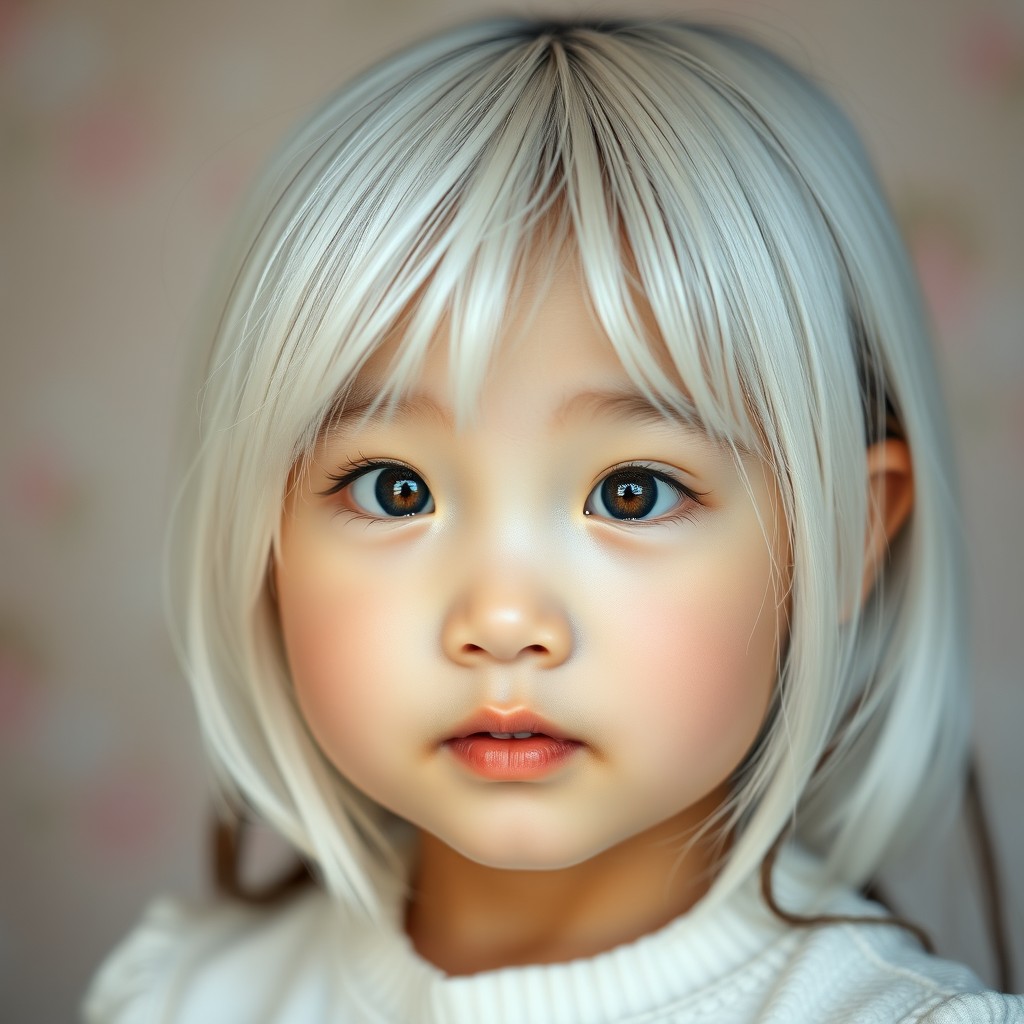 A captivating portrait of a four-year-old Korean girl with beautiful white waist-length hair, accentuated by striking black strands