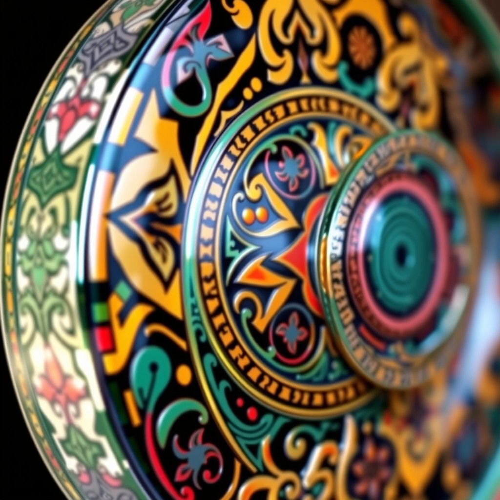 A highly detailed and stylized depiction of a roda (wheel) texture, showcasing intricate patterns and designs reminiscent of traditional craftsmanship
