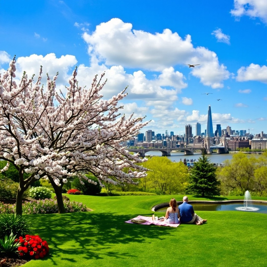 A breathtaking view of a serene paradise setting in the heart of London, featuring lush greenery, vibrant flowers, and tranquil water features such as a pond or a small fountain