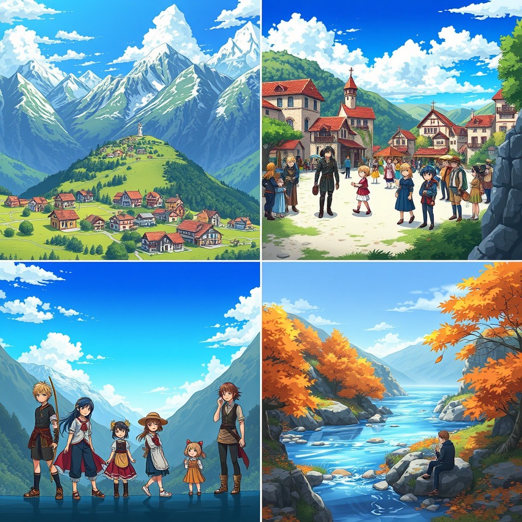 A quartet of images depicting an anime series set in the picturesque country of Andorra