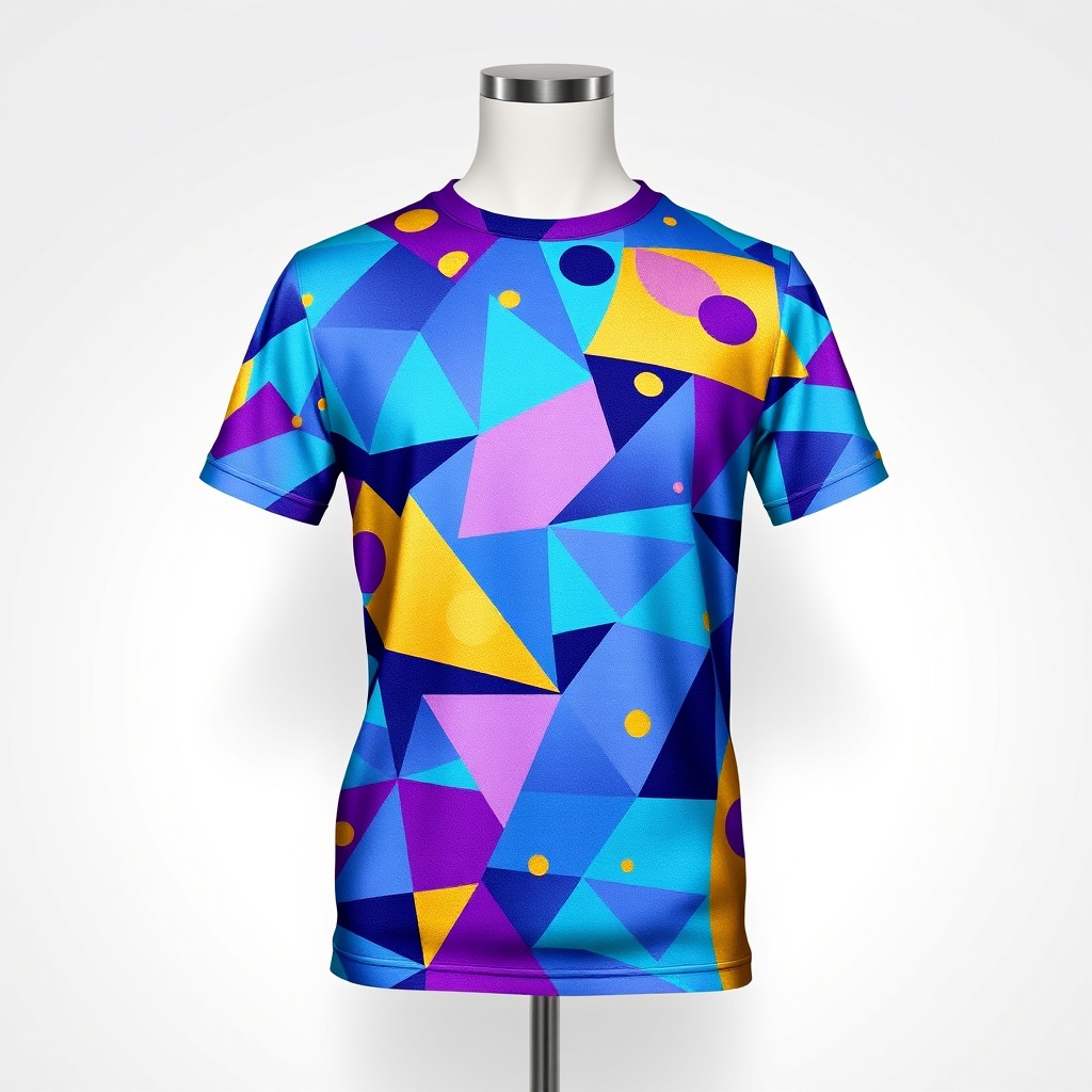 A creative and modern t-shirt design featuring a vibrant, eye-catching abstract pattern in shades of blue, purple, and gold