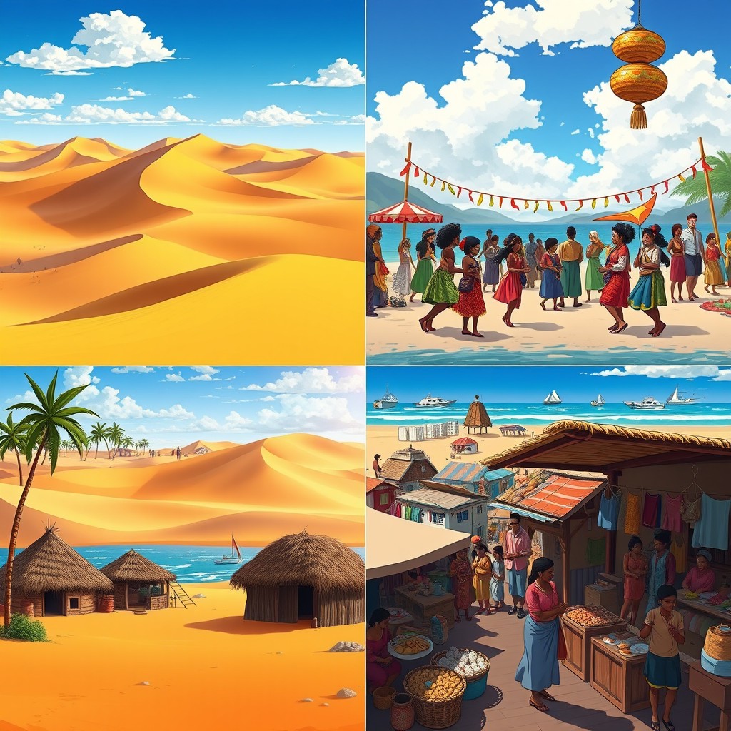 A quartet of images showcasing an anime series set in Angola, highlighting stunning landscapes, rich customs, and vibrant traditions