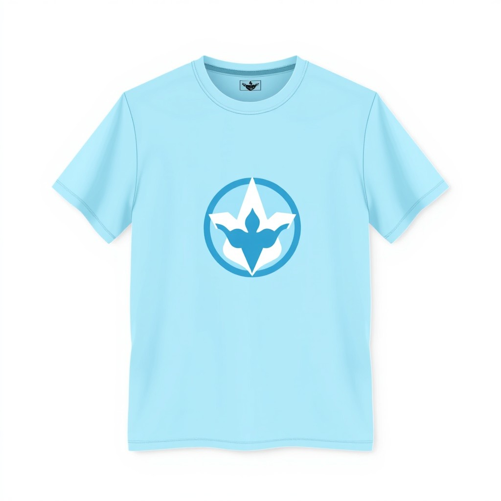 A light blue t-shirt design featuring a stylish and modern logo prominently displayed on the front