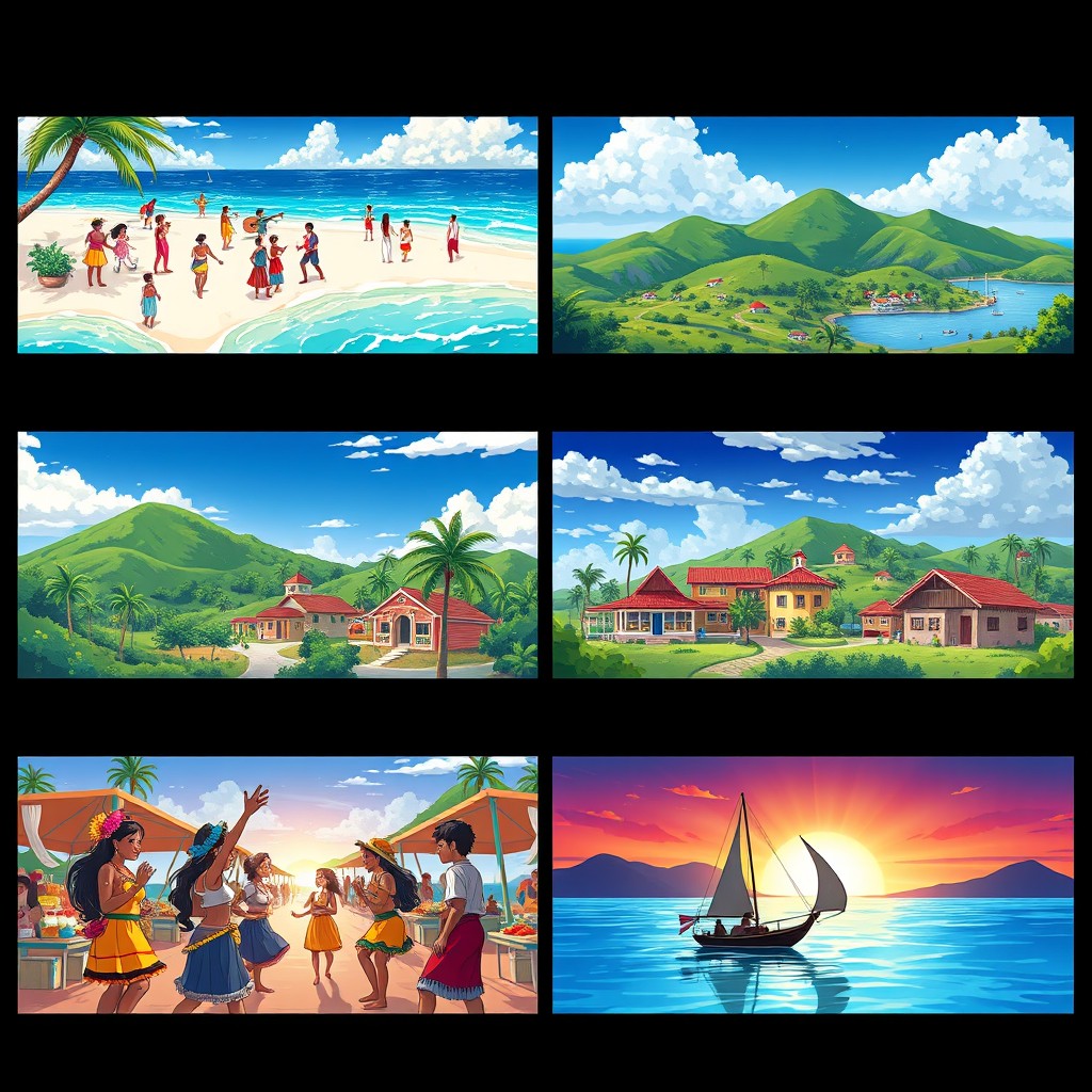 A quartet of stunning anime-style images showcasing the beautiful country of Antigua and Barbuda