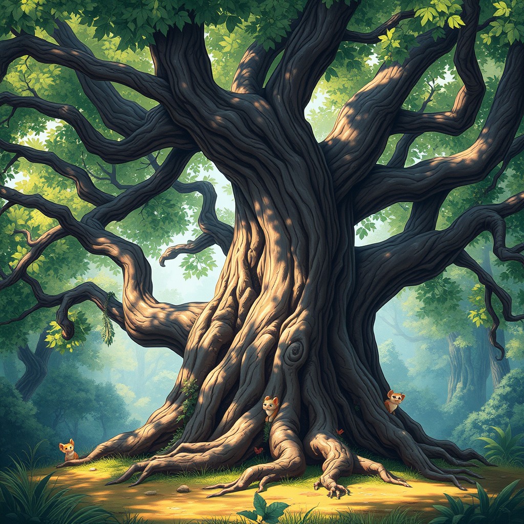 A beautifully detailed illustration of an ancient tree, showcasing its gnarled bark, sprawling branches, and lush green leaves