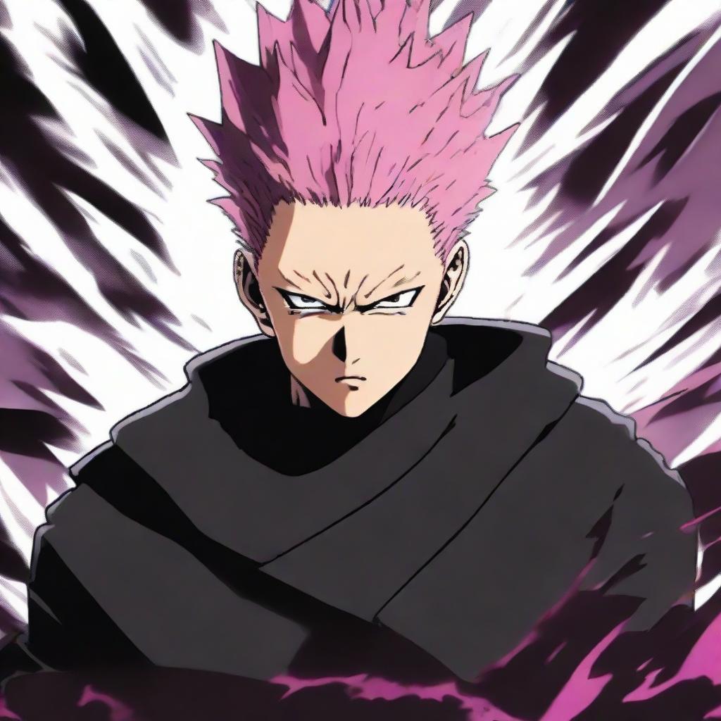 Ryomen Sukuna, the King of Curses from Jujutsu Kaisen anime, appearing with his menacing dual-faced profile, exuding an aura of dark energy.