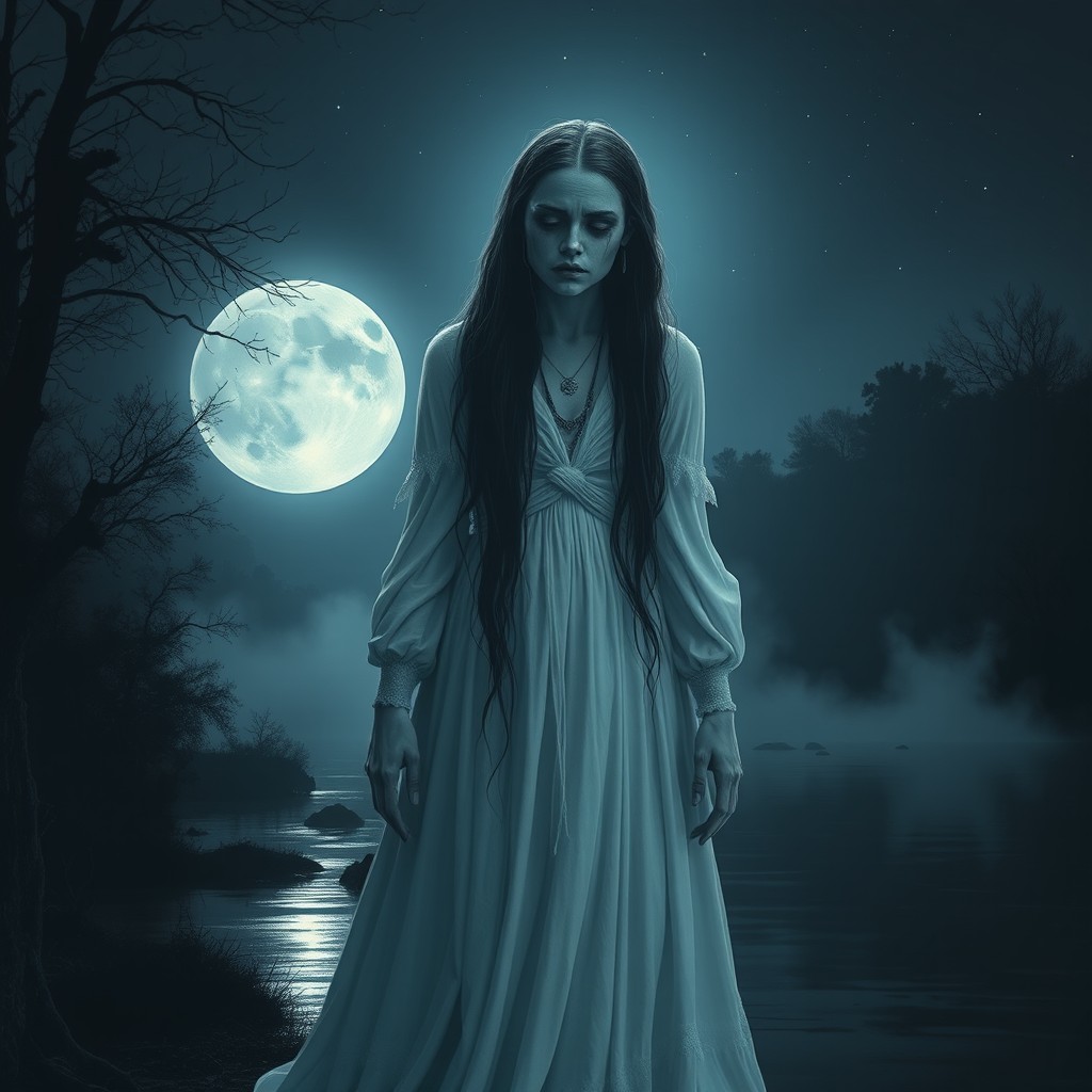 A haunting, ethereal depiction of La Llorona, the weeping woman from Mexican folklore
