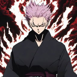 Ryomen Sukuna, the King of Curses from Jujutsu Kaisen anime, appearing with his menacing dual-faced profile, exuding an aura of dark energy.