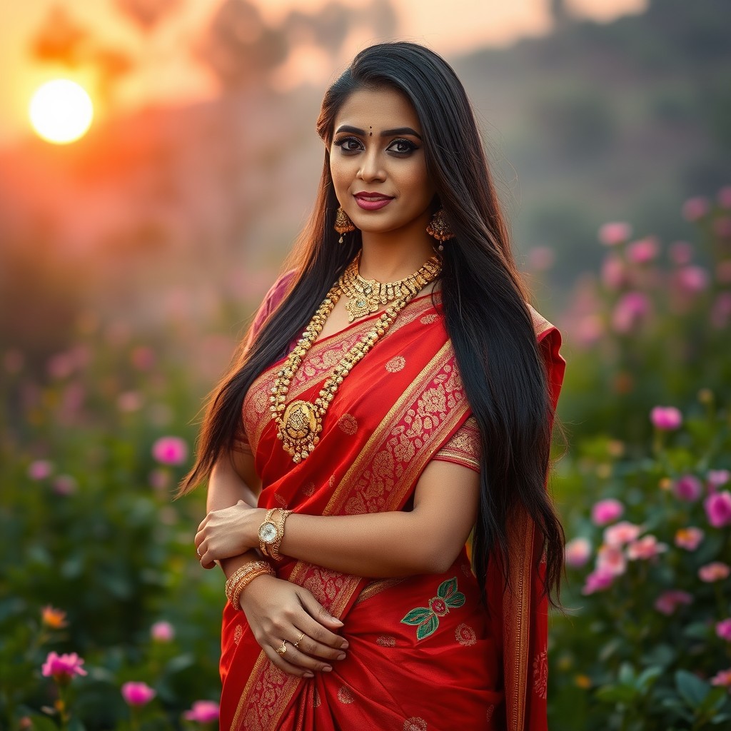 A beautiful Indian woman wearing a traditional saree, adorned with intricate embroidery and vibrant colors, standing confidently in a scenic landscape filled with lush greenery and blooming flowers