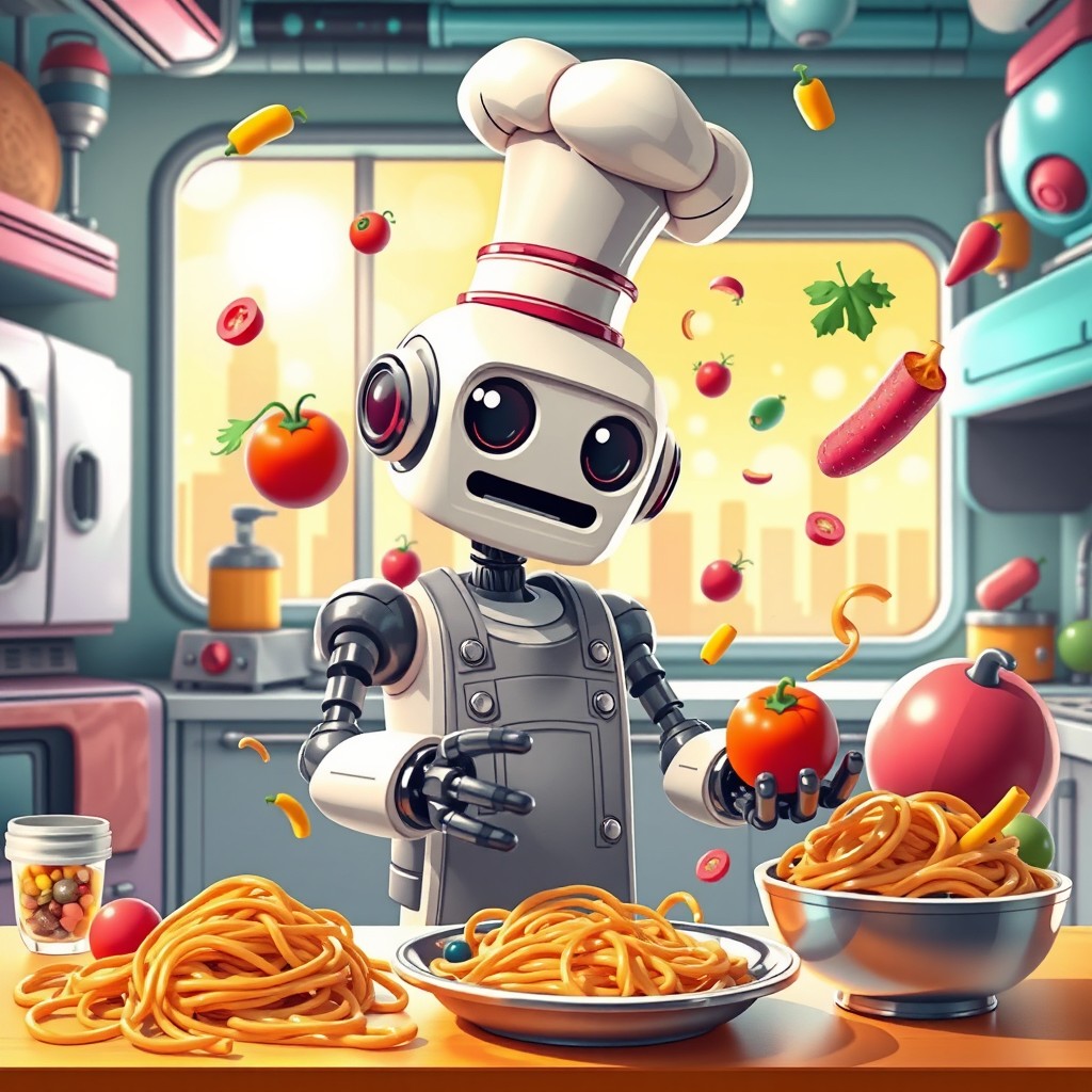 A quirky, vibrant scene featuring a whimsical robot chef in a futuristic kitchen, humorously creating a messy dish like spaghetti with colorful, oversized ingredients flying around