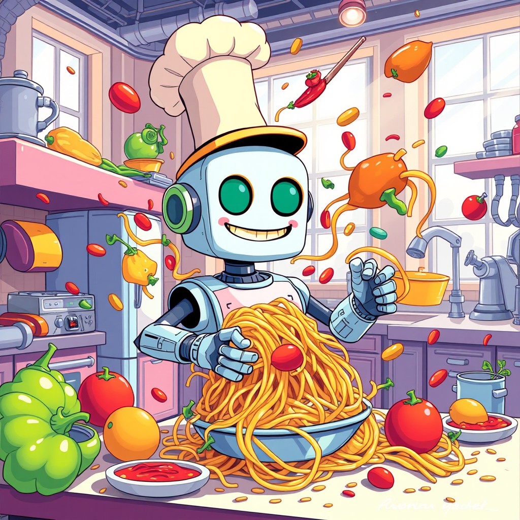 An imaginative and playful illustration depicting a robot in a whimsical kitchen, creating an absurdly messy dish like flying spaghetti with giant, colorful vegetables and sauces scattering everywhere