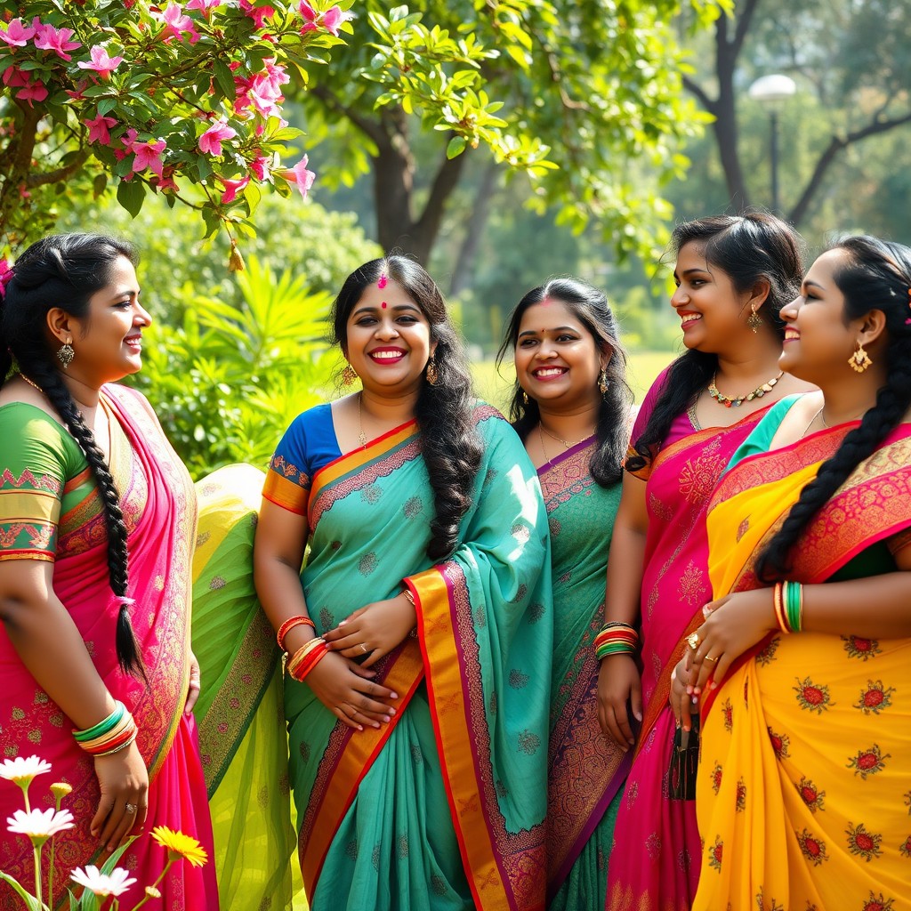 A vibrant outdoor scene featuring a group of beautiful Indian chubby women enjoying a sunny day in a park
