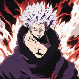 Ryomen Sukuna, the King of Curses from Jujutsu Kaisen anime, appearing with his menacing dual-faced profile, exuding an aura of dark energy.