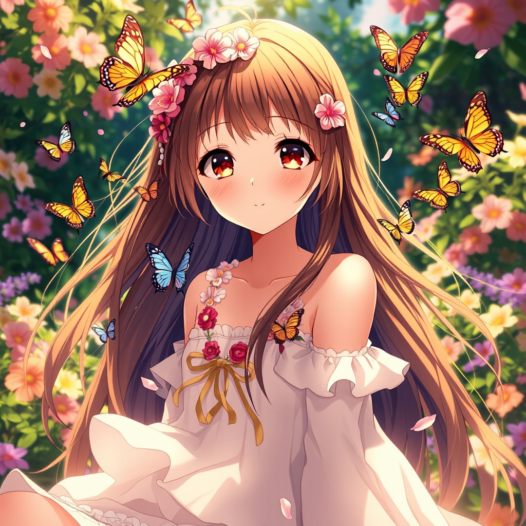 A stunning anime girl surrounded by colorful butterflies and vibrant flowers