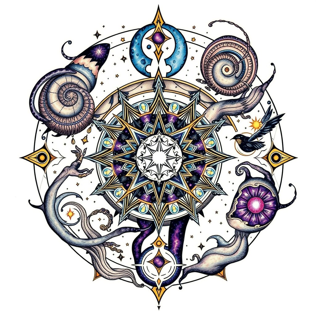 A beautifully crafted tattoo design representing a Nyxborn Halfling open hand monk devoted to Iroas, featuring intricate patterns of celestial motifs and battle imagery