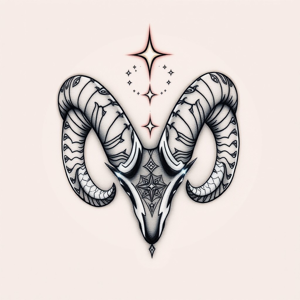 A striking tattoo design for the forehead of a Nyxborn Halfling monk devoted to Iroas, featuring two intricately designed ram horns in starlight silver