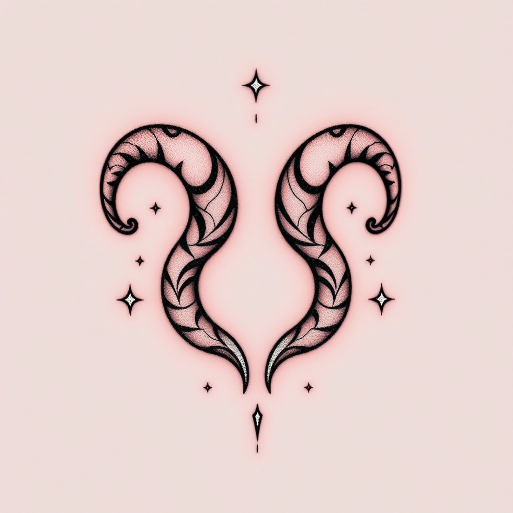 A tattoo design representing a Nyxborn Halfling open hand monk devoted to Iroas, featuring two simplified ram horns in starlight silver