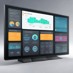 A modern, sleek control panel with futuristic graphics illustrating a new module for call for tender management. The visualization includes progress indicators, data visualizations, and well-structured workflow schemes.