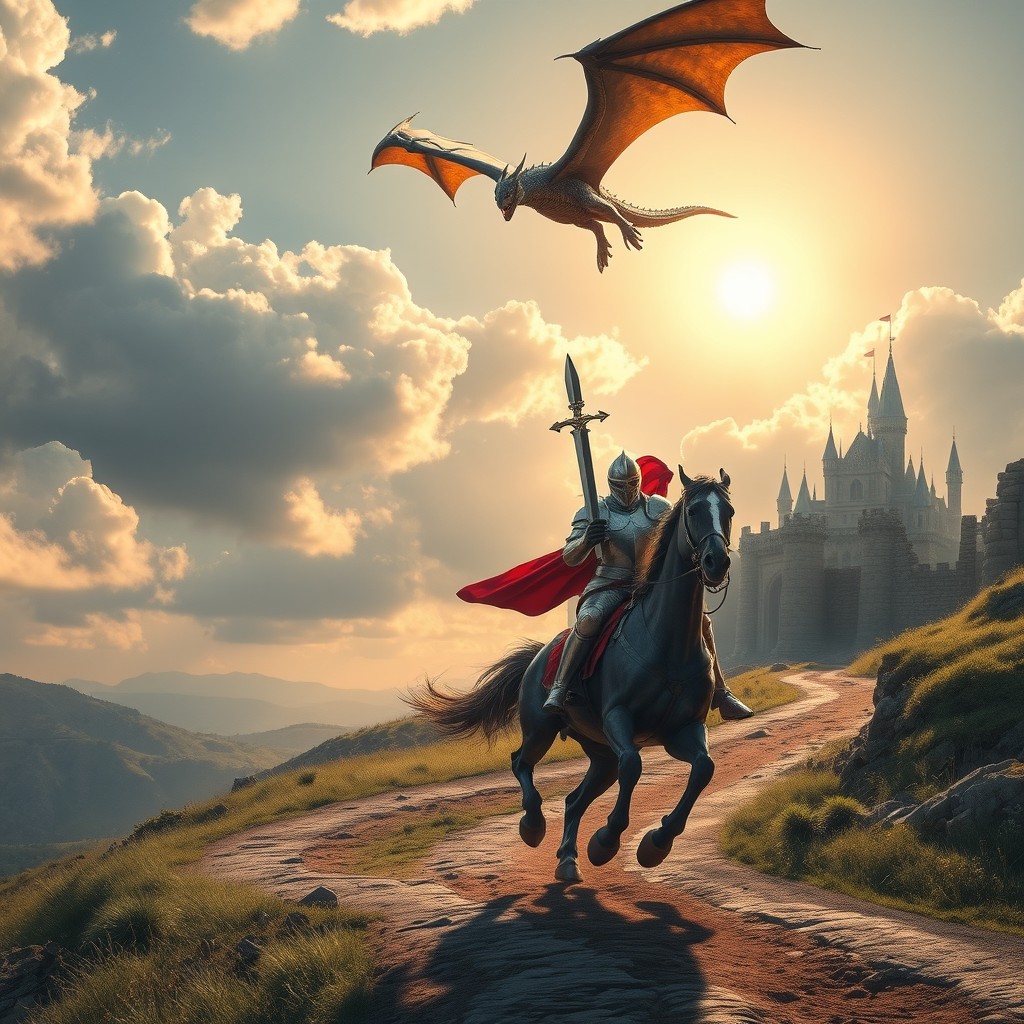 A magical knight in shining armor expertly wielding Excalibur sits atop a majestic horse, galloping along a winding road that leads to the ruins of an ancient temple