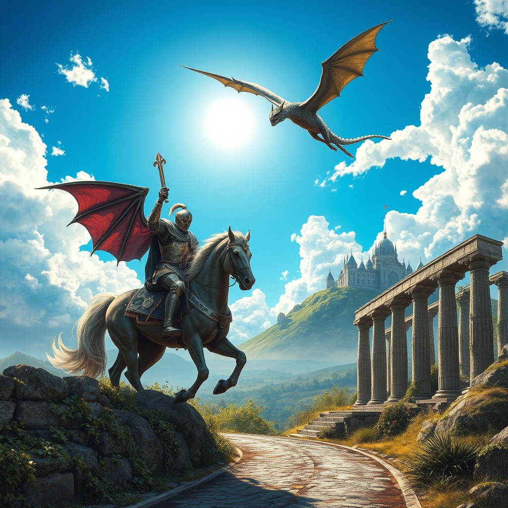 A magical knight clad in ornate armor rides a majestic horse, holding Excalibur high