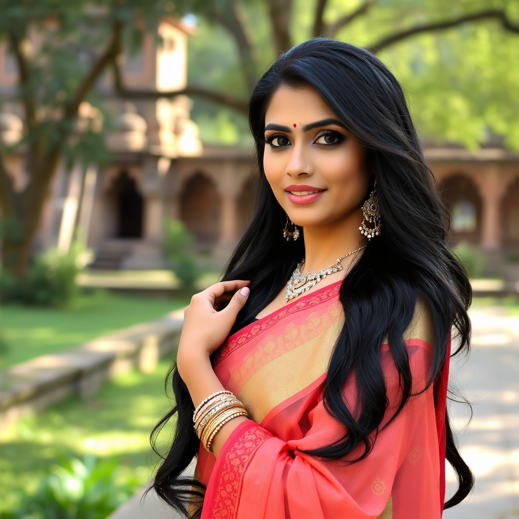 A beautiful Indian woman, elegantly dressed in traditional clothing, posing gracefully in a scenic outdoor setting