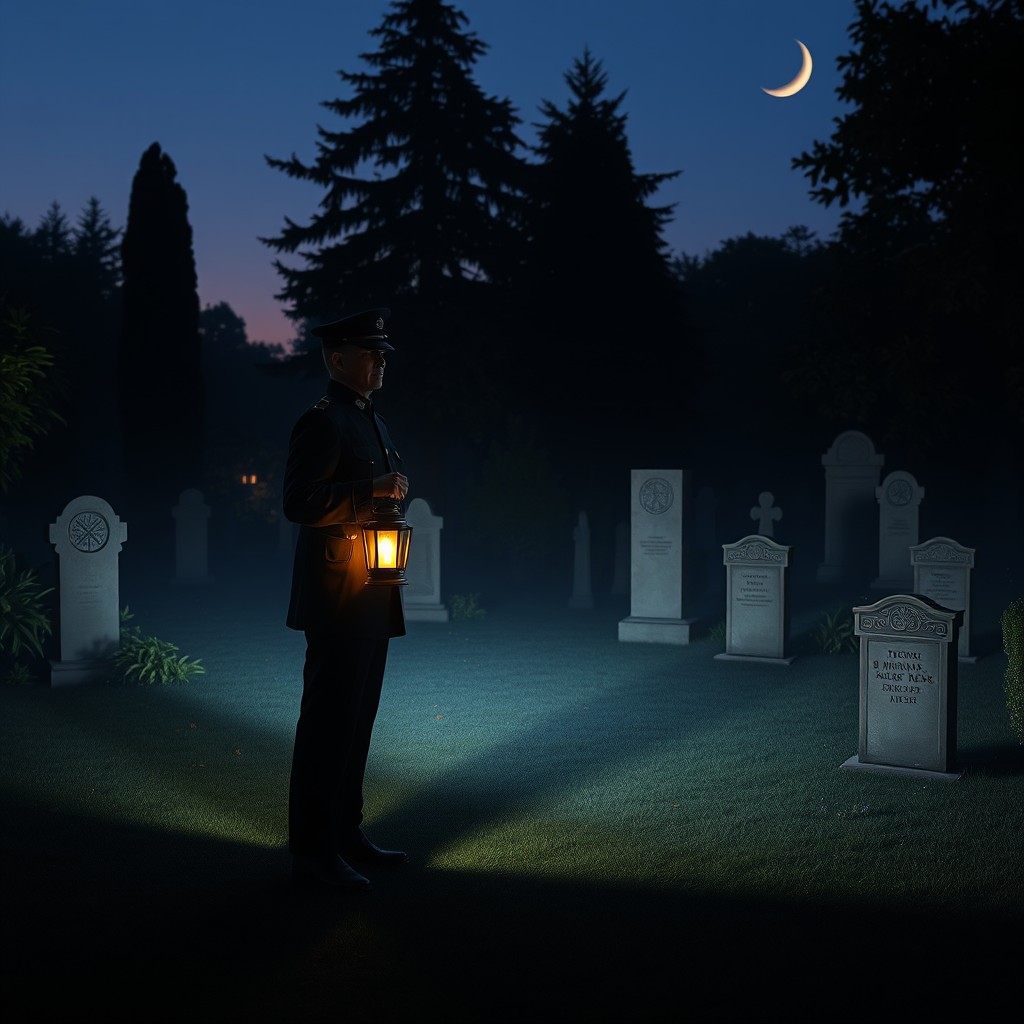 A solitary guard stands in a serene cemetery during twilight, surrounded by ancient tombstones and lush greenery