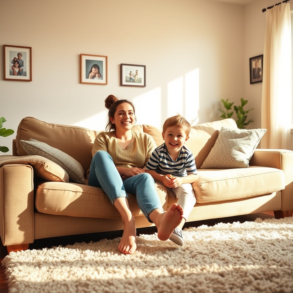 A cozy living room scene depicting a mother and her son enjoying a playful moment together