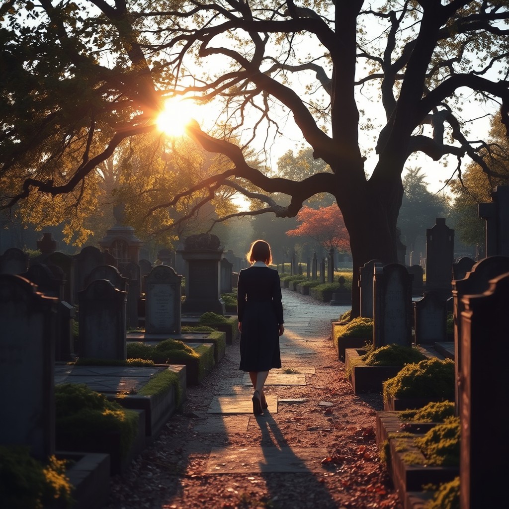 A serene evening scene in an old cemetery, with weathered tombstones covered in moss and ivy