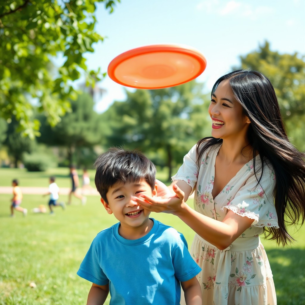 A heartwarming scene of a mother and her son enjoying a sunny day in a park