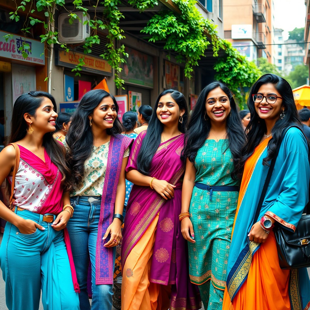A vibrant and colorful representation of modern Indian girls in a bustling urban setting, showcasing their diverse styles and individuality