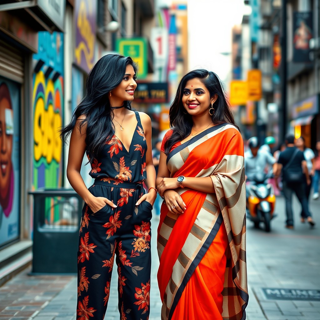 A vibrant scene depicting two modern Indian women standing confidently in an urban environment