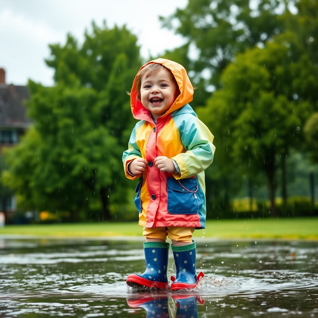 A cute and joyful scene of a little child playing in the rain, wearing a colorful raincoat and rubber boots